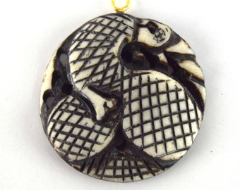 Hand Carved Ox Bone Snake Pendant: Round White & Black Charm (38mm)