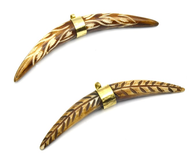 Carved Banana Crescent Pendant | Carved Skinny Tusk Pendant | Brown Ox Bone Focal Pendant | Plain Gold Bail Horn Pendant