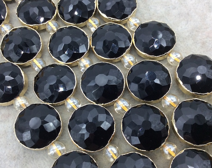 Chinese Crystal Beads | 18mm x 18mm Gold Electroplated Glossy Finish Faceted Opaque Black Onyx  Round Coin Glass Beads