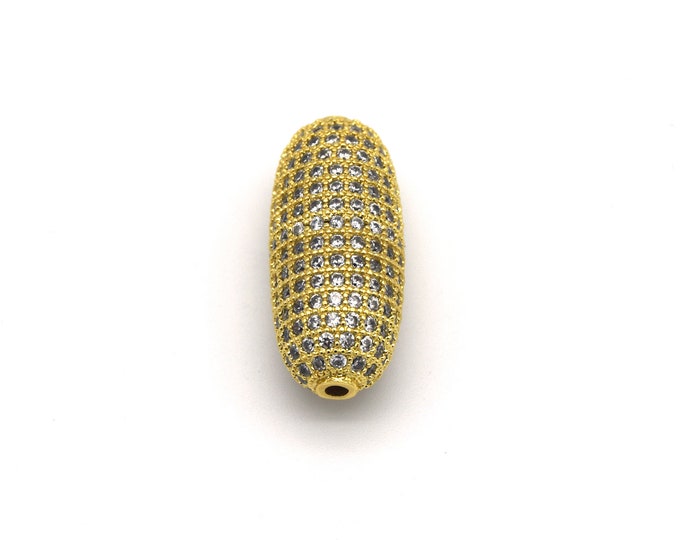12mm x 28mm Gold Plated White CZ Cubic Zirconia Inlaid Rounded Barrel Shaped Copper Bead