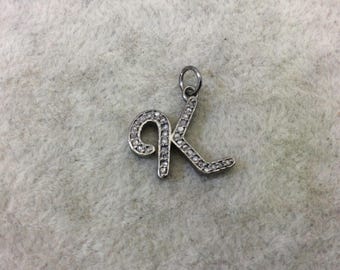 Genuine Pave Diamond Encrusted Gunmetal Plated Sterling Silver SCRIPT Alphabet Letter "K" - ~ 15mm x 13mm, Carat Weight Varies By Letter