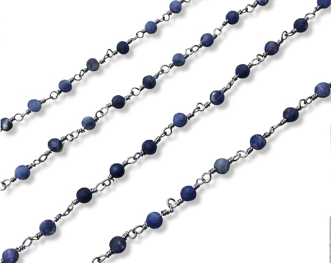 Gunmetal Plated Copper Rosary Chain with 4mm Matte Round Shaped Blue/White Sodalite Beads - Sold by the Foot! - Natural Beaded Chain