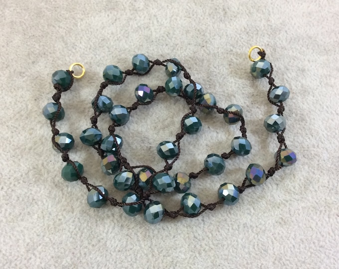 Chinese Crystal Beads | 18" Dark Brown Thread Necklace Section with 8mm Faceted AB Finish Rondelle Shaped Opaque Pine Green Glass Beads