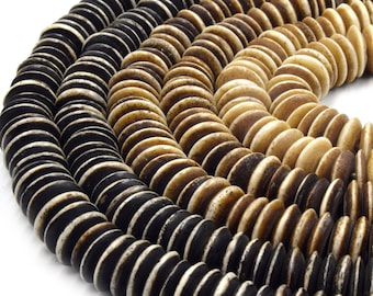 Bone Beads - Bi-Color Ox Bone Flattened Saucer Disc Beads.
