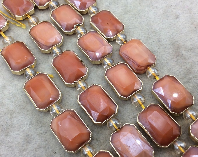 Chinese Crystal Beads | 13mm x 18mm Gold Electroplated Glossy Finish Faceted Opaque Burnt Orange Rectangle Glass Beads