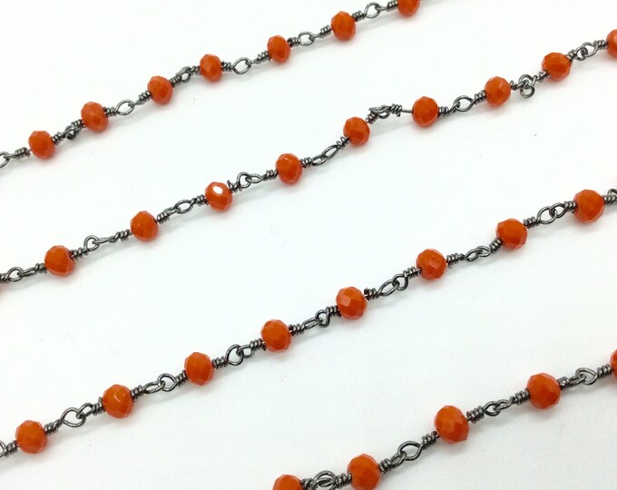 Gunmetal Plated Copper Wrapped Rosary Chain with 4mm Faceted Opaque Persimmon Orange Glass Crystal Rondelle Beads - Sold By the Foot
