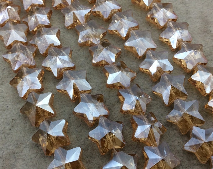 Chinese Crystal Beads | 13mm x 13mm Glossy Faceted Transparent Metallic Pale Orange Glass Star Shaped Beads