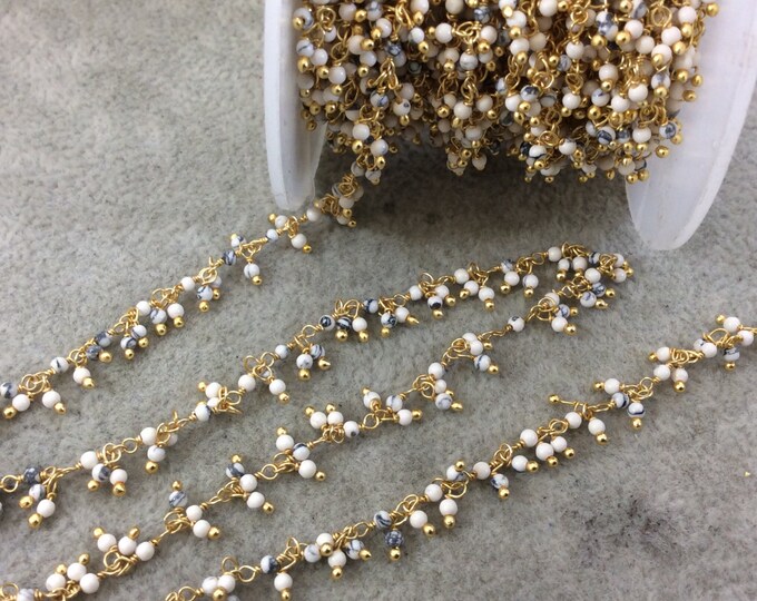 Gold Plated Copper Double Dangle Wrapped Rosary Chain with 2mm Natural White/Gray Howlite Round Beads - Sold by 1' Cut Sections or in Bulk!