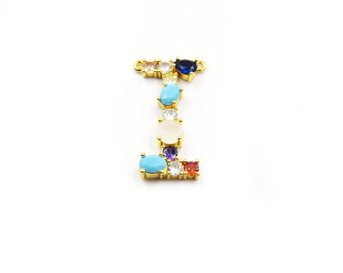 Gold Alphabet Rhinestone Pendant | Letter I Multi-color Rhinestone Pendant with Two Loops - 20mm x 35mm