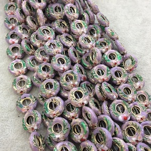 15mm Decorative Floral Light Purple Donut/Ring Shaped Metal/Enamel Cloisonné Beads Sold by 15 Strands Approx. 27 Beads Per Strand image 1