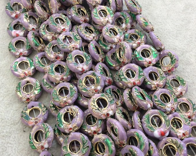 15mm Decorative Floral Light Purple Donut/Ring Shaped Metal/Enamel Cloisonné Beads - Sold by 15" Strands (Approx. 27 Beads Per Strand)