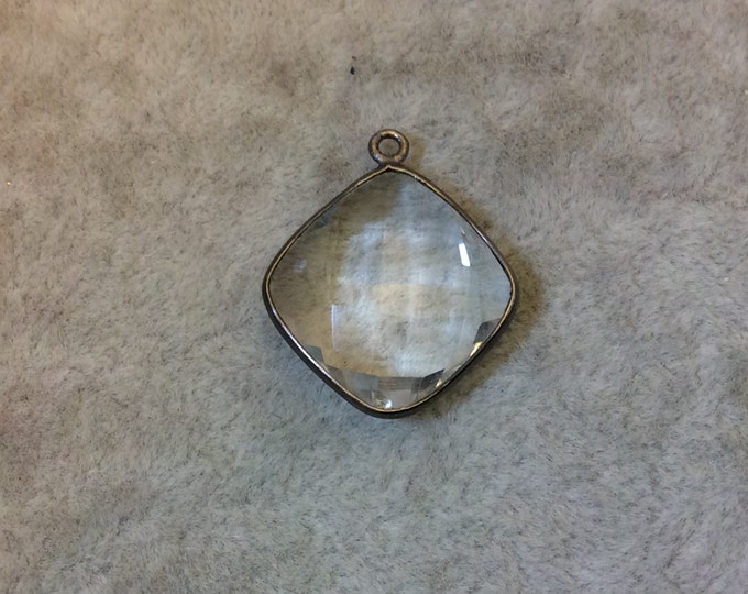 Gunmetal Plated Faceted Clear Hydro (Lab Created) Quartz Diamond Shaped Bezel Pendant - Measuring 18mm x 18mm - Sold Individually