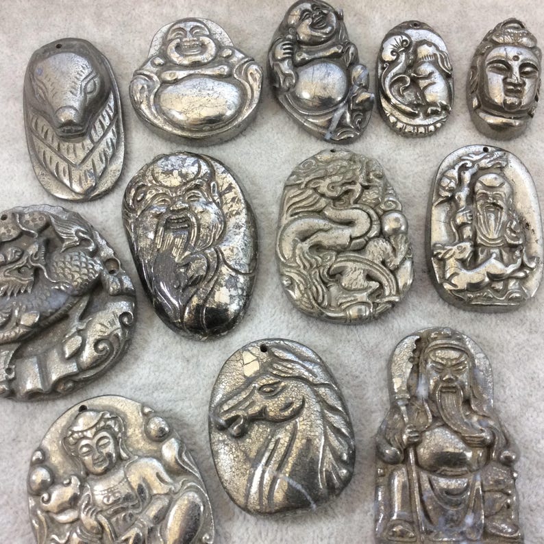 Approx Heavyweight Hand-Carved Guan Yu Shaped Natural Pyrite Pendant with 1mm Drilled Hole - Individual Measuring 36mm x 57mm Random