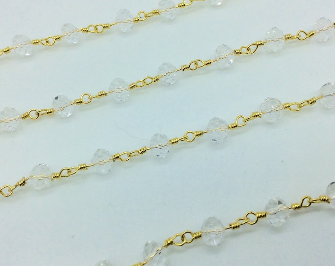 Gold Plated Copper Wrapped Rosary Chain with 4mm x 6mm Faceted Transparent Clear Glass Crystal Rondelle Beads-Sold By the Foot (CC46-001-GD)