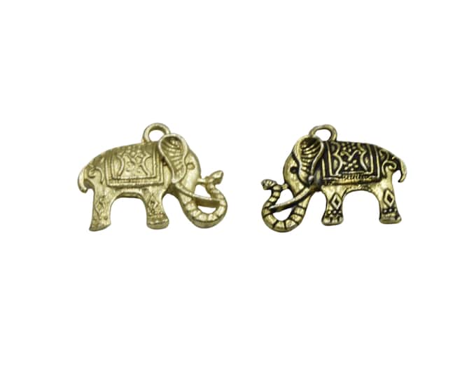 Gold Plated Copper Ornamental Elephant Pendant with One Ring- Measuring 17mm x 23mm - Sold Individually, Chosen at Random