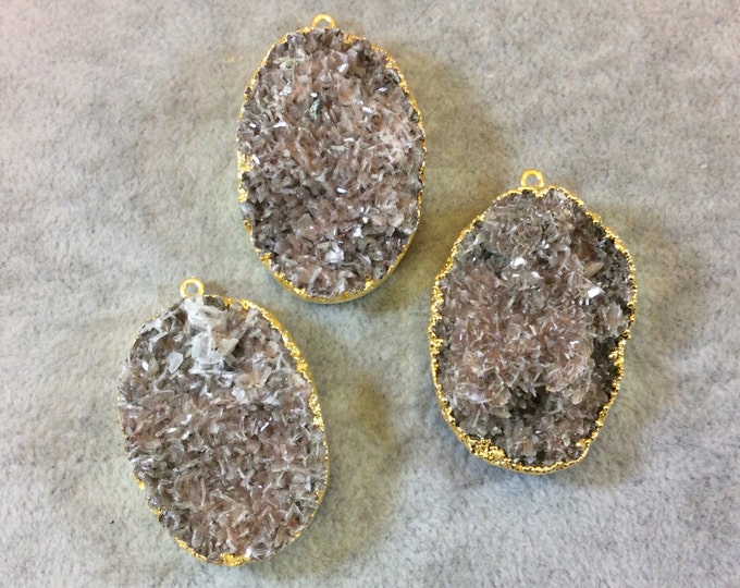 Gold Electroplated Natural Tan Dolomite Cluster (Star Druzy) Vertical Oval Shape Pendant - Measuring 27mm x 35mm - Sold Individually, Random