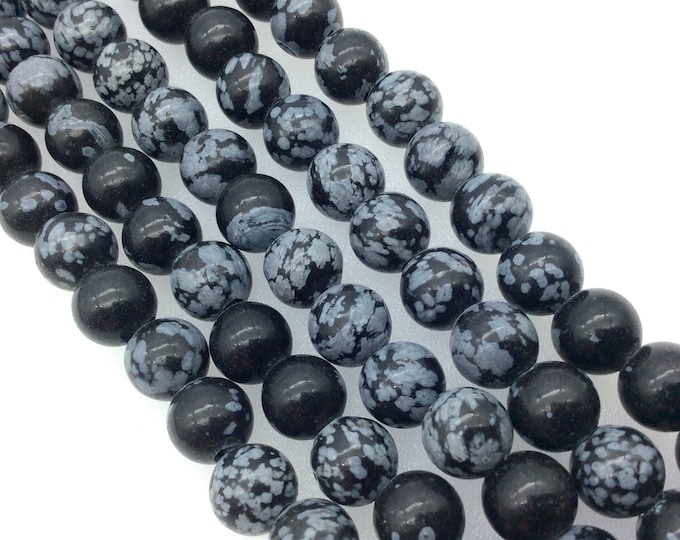 8mm Natural Snowflake Obsidian Smooth Finish Round/Ball Shaped Beads with 2mm Holes - 7.75" Strand (Approx. 25 Beads) - LARGE HOLE BEADS