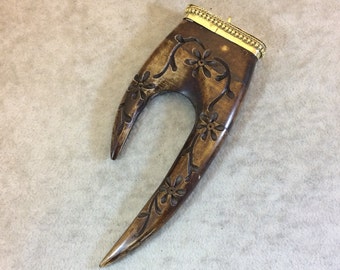 SALE - 4.5" Long Medium Brown Vine Carved Ox Bone Dual Point Claw Shaped Pendant with Dotted Gold Cap - Measuring 48mm x 120mm