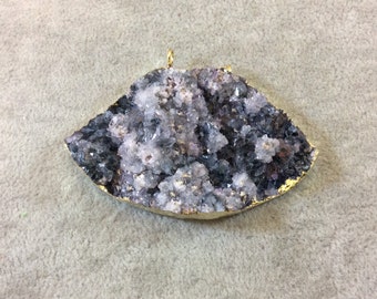 Large Purple Fan Shaped Druzy Amethyst Pendant - Measuring 70mm x 40mm - Electroformed Gold Finish - Natural Semi-precious Gemstone