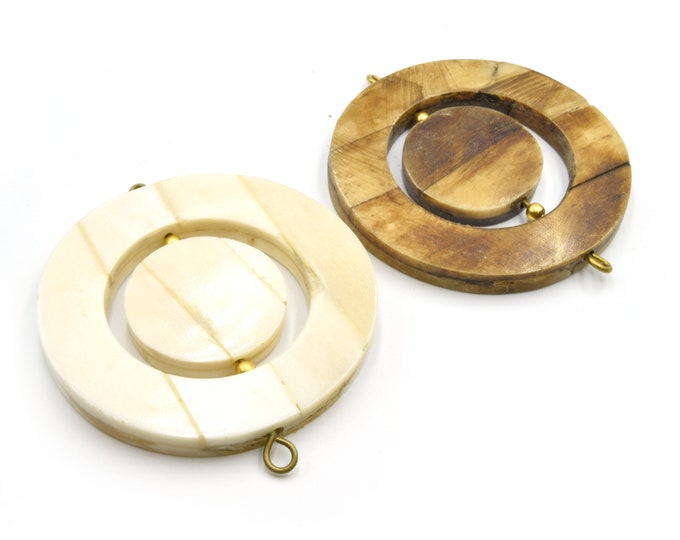 Round Ox Bone Spinner Pendant with Gold Plated Suspension Rings - White & Brown Bone Pendant