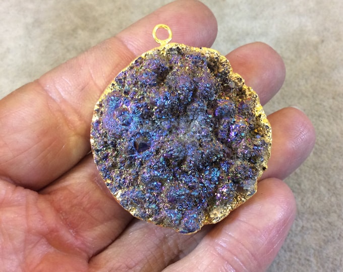 OOAK Gold Electroplated Premium Purple/Blue Titanium Druzy Round/Coin Pendant - Measuring 40mm x 40mm, Approximately. - Sold Individually