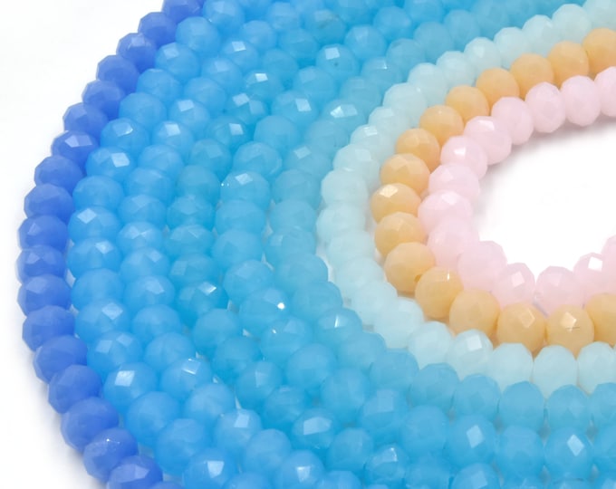 Chinese Crystal Beads | 6mm Faceted Semi-Opaque Rondelle Shaped Crystal Beads | Blue Peach Pink