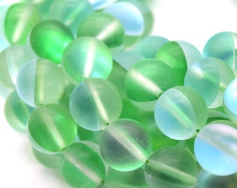 Synthetic Moonstone Beads | Mystic Aura Quartz Beads | Green Matte Holographic Glass Beads - 6mm 8mm 10mm 12mm Available