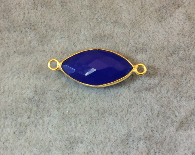 Gold Finish Faceted Cobalt Blue Marquise Shaped Bezel Two Ring Connector Component - Measuring 10mm x 20mm - Natural Gemstone