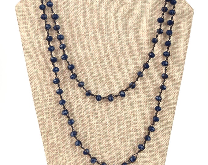 Chinese Crystal Beads | 72" - 8mm Opaque Navy Blue Rondelle Chinese Crystal Glass Beads Hand Woven Necklace - Holiday Special!