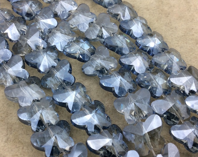 Chinese Crystal Beads | 12mm x 15mm Glossy Faceted Transparent Metallic Light Blue Crystal Butterfly Shaped Glass Beads
