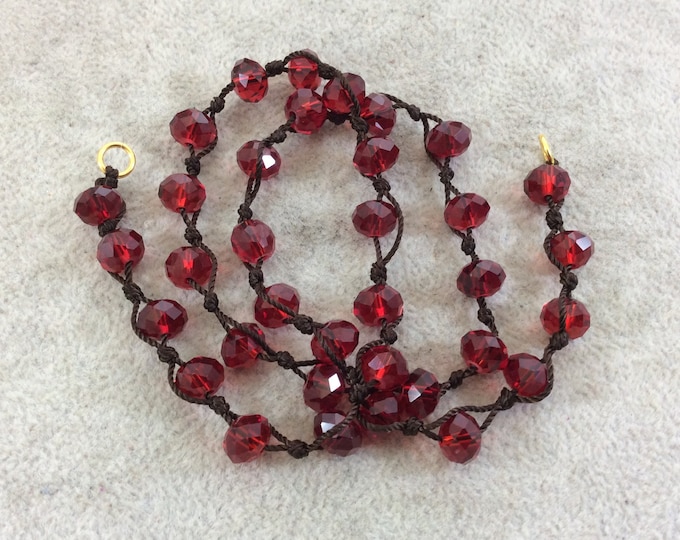 Chinese Crystal Beads | 18" Dark Brown Thread Necklace Section with 8mm Faceted Glossy Finish Rondelle Shaped Trans. Garnet Red Glass Beads