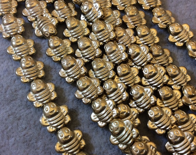 Gold Finish Happy Flat Bumble Bee Shaped Plated Pewter Beads (29493)- 7-8" Strand (Approx. 24 Beads) - Measuring 9mm x 8mm - 1mm Hole Size