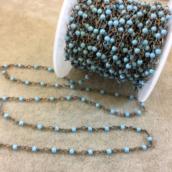Gunmetal Plated Wrapped Copper Rosary Chain with Smooth 2mm Round Shaped Dyed Light Blue Howlite Beads - Sold in 1' Increments - (CH009-GM)