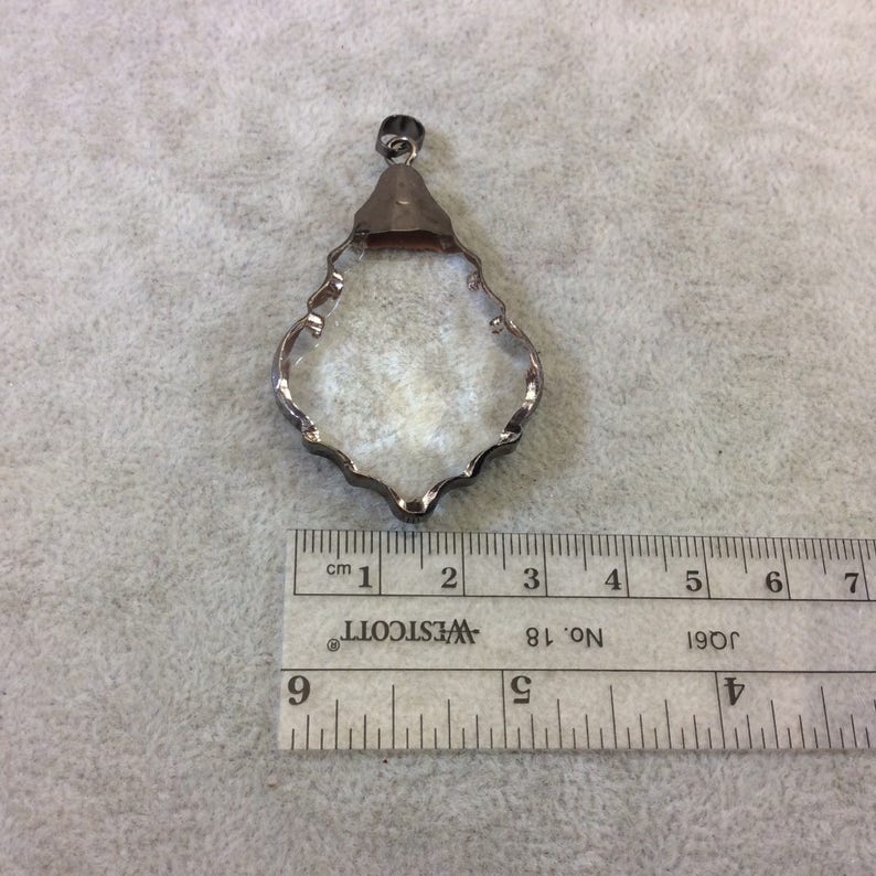 Sold Individually Gunmetal Electroplate Faceted Flat Back Glass Transparent Crystal Scallop Teardrop Shaped Pendant W Bail  ~ 35mm x 50mm
