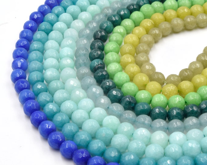 Faceted Jade Beads | 6mm Faceted Dyed Blue Teal Green Jade Round Beads with 1mm Holes - Sold by 15.5" Strands (~ 58 Beads)