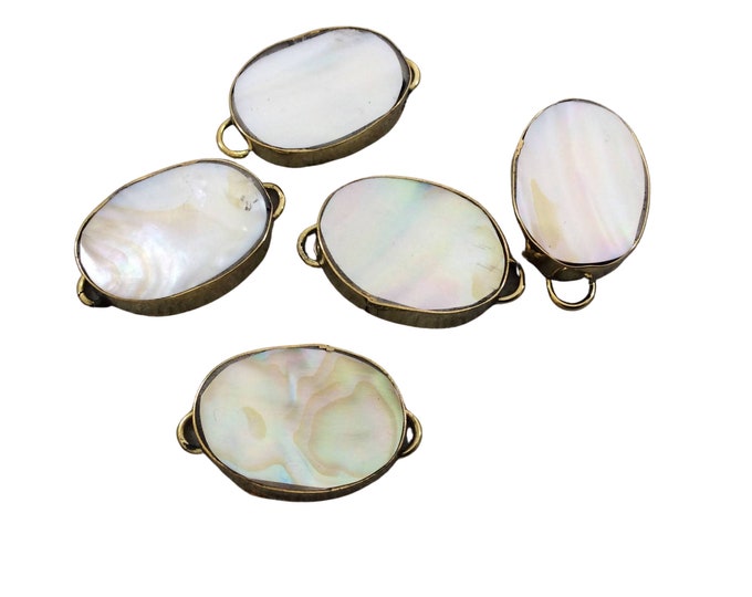 1" Iridescent White Natural Abalone Shell Fat Oval Shaped Gold Plated Bezel Connector - Measuring 21mm x 29mm.