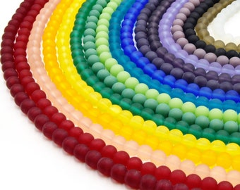 Indian Glass Beads - 8mm Matte Round Shaped Beach Glass Beads in Red, Yellow, Orange, Purple, Blue, Green, Black, White.