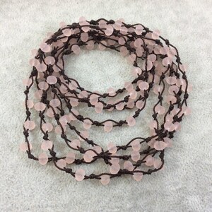 Woven Dark Brown Thread Necklace | 6mm Matte Pink Rondelle Crystal Beads