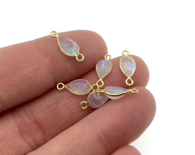 Moonstone Bezel | BULK PACK of Six (6) Vermeil Gold Pointed Cut Stone Faceted Teardrop Shaped Bezel Connectors - Measuring 5mm x 8mm