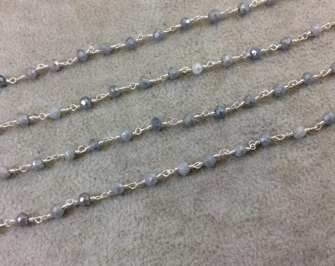 Silver Plated Copper Rosary Chain with Faceted 3-4mm Rondelle Shaped Mystic Coated Gray Quartz Beads - Sold Per Ft - (CH151-SV)