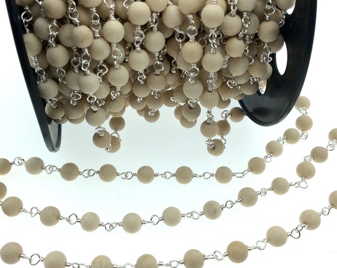 Silver Plated Copper Wrapped Rosary Chain with 6mm Matte Natural Cream River Stone Round Shaped Beads - Sold by the foot! (CH310-SV)