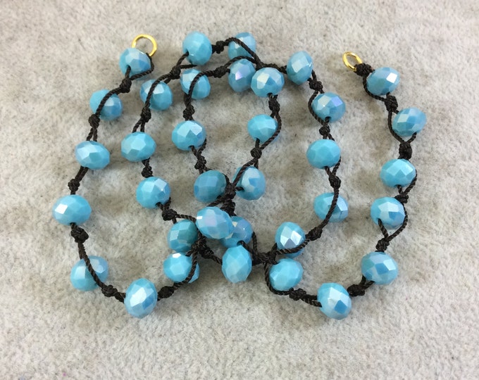 Chinese Crystal Beads | 18" Dark Brown Thread Necklace Section with 8mm Faceted AB Finish Rondelle Shaped Opaque Light Teal Glass Beads