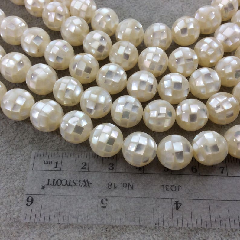 12mm Pearly White Natural Mother of Pearl Inlaid RoundBall Beads with 1mm Holes LOOSE BEADS Sold in Pre-Packed Bags of 10 Beads