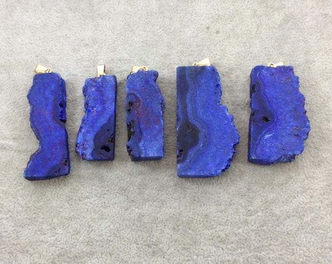 Single Dyed Blue Druzy Agate Freeform Slice Shaped Pendant with Gold Bail - Measuring 20mm x 25-30mm Approx. - Sold Individually, Random