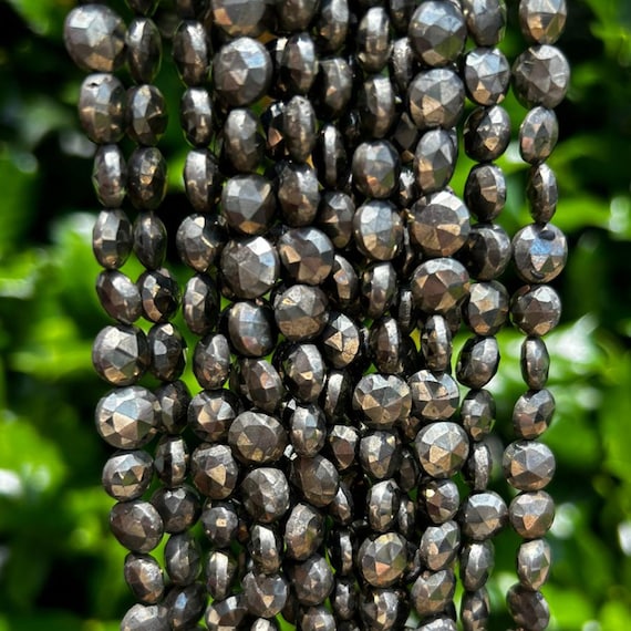 8mm Faceted Pyrite Coin Beads: Hand-Cut Indian Gemstone Strand