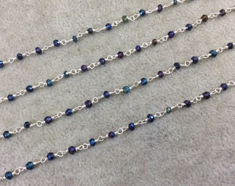 Silver Plated Copper Rosary Chain with Faceted 3-4mm Rondelle Shaped Rainbow Mystic Coated Black Spinel Beads - Sold Per Ft - (CH158-SV)