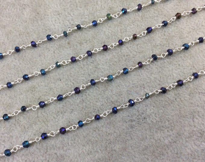 Silver Plated Copper Rosary Chain with Faceted 3-4mm Rondelle Shaped Rainbow Mystic Coated Black Spinel Beads - Sold Per Ft - (CH158-SV)