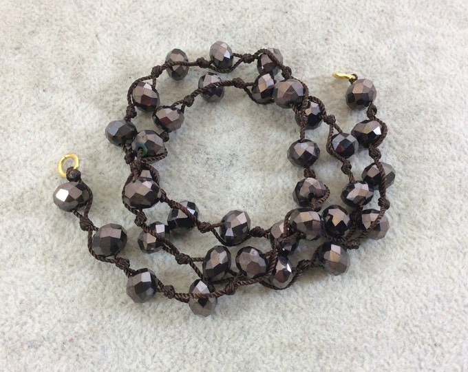 Chinese Crystal Beads | 18" Dark Brown Thread Necklace Sec. with 8mm Faceted Metallic AB Finish Rondelle Shape Opaque Gunmetal Glass Beads
