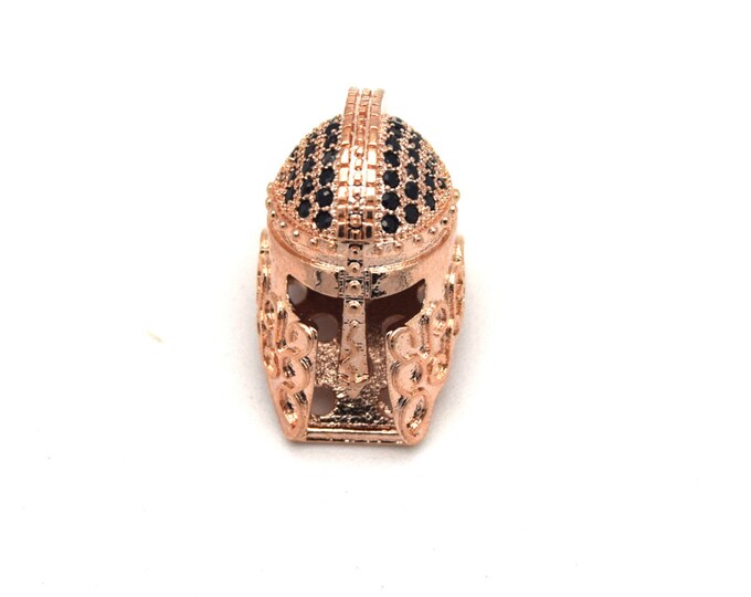 10mm x 20mm Rose Gold Plated Cubic Zirconia Spartan Helmet Shaped Bead with Black Inlaid CZ