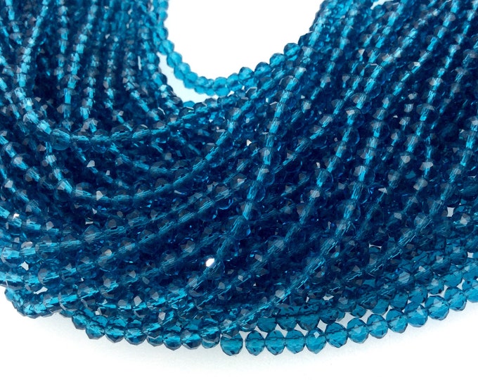Chinese Crystal Beads | 4mm Glossy Finish Faceted Transparent Teal Rondelle Glass Beads